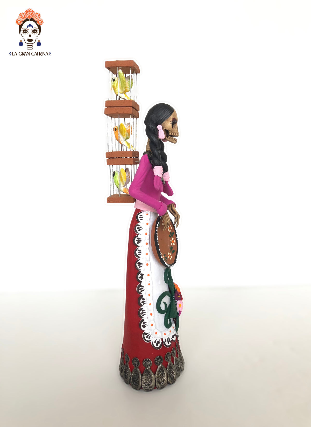 Catrina Pajarera - 25 cm. 12 in. - Vestido rosa y rojo - Sobre Pedido Sobre pedido