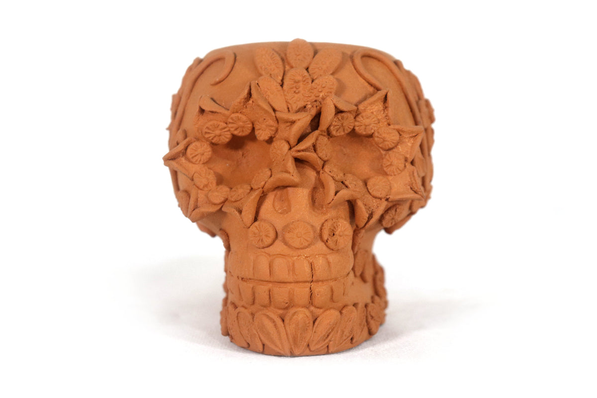 Maceta Cráneo Barro Natural con Flores Relieve - 10 Cm 3.9 In. Maceta