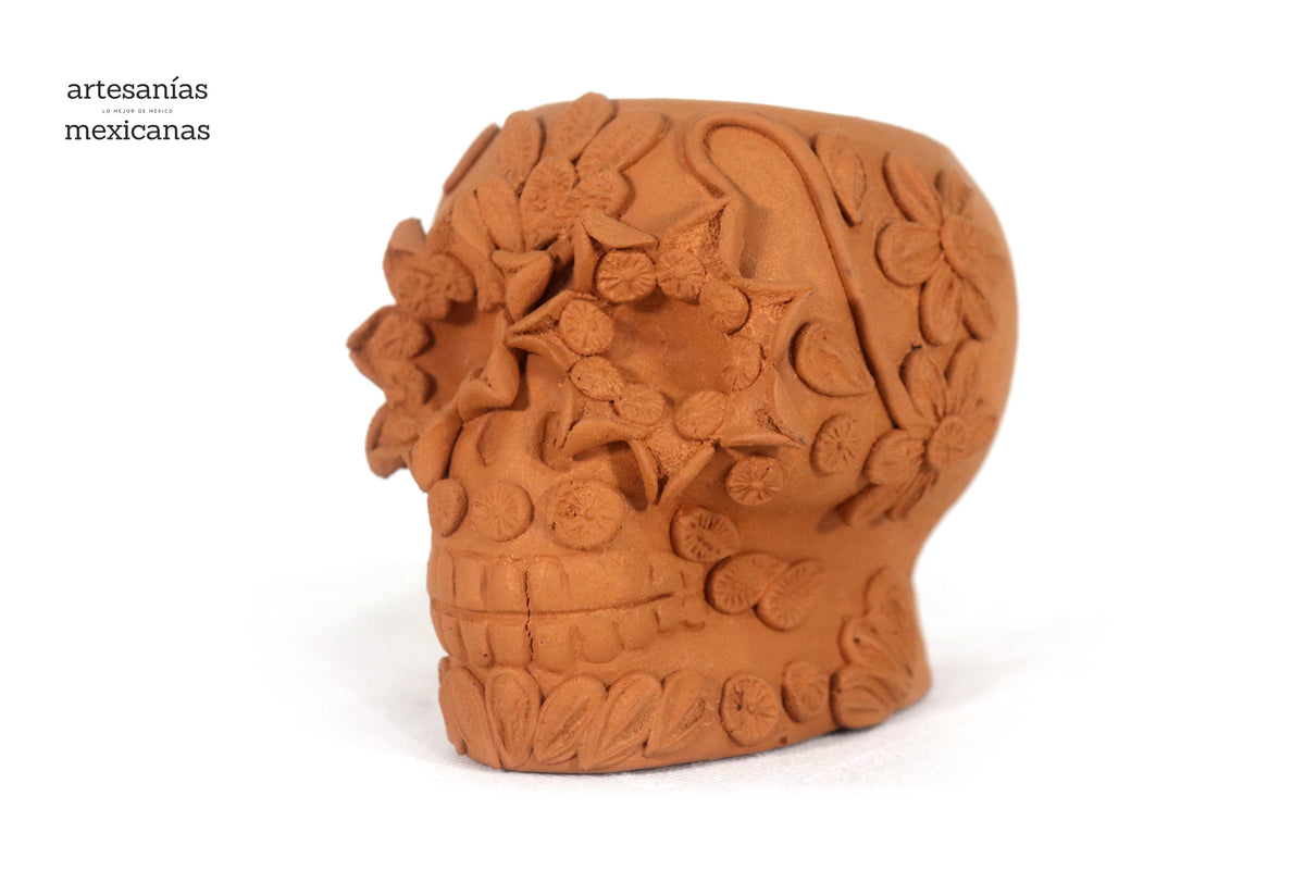 Maceta Cráneo Barro Natural con Flores Relieve - 10 Cm 3.9 In. Maceta
