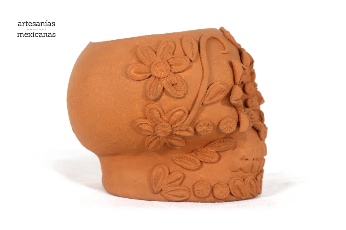 Maceta Cráneo Barro Natural con Flores Relieve - 10 Cm 3.9 In. Maceta