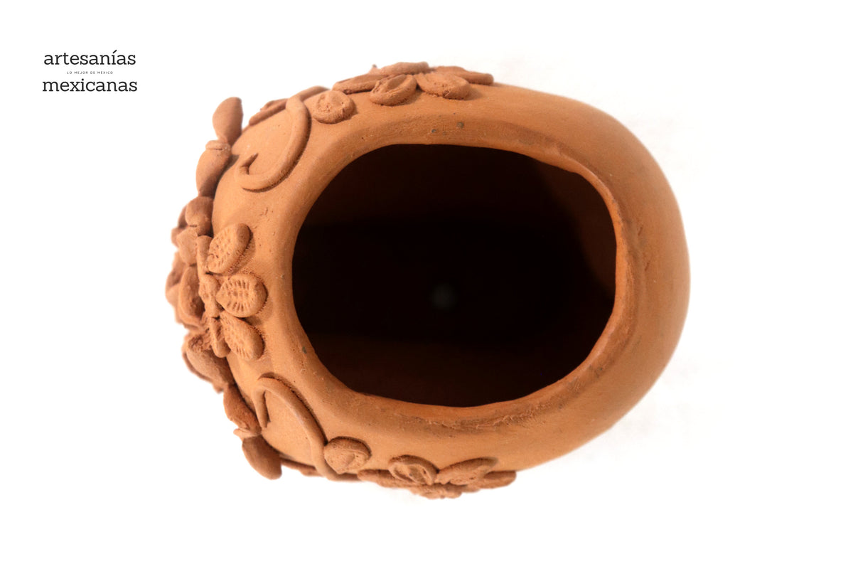Maceta Cráneo Barro Natural con Flores Relieve - 10 Cm 3.9 In. Maceta