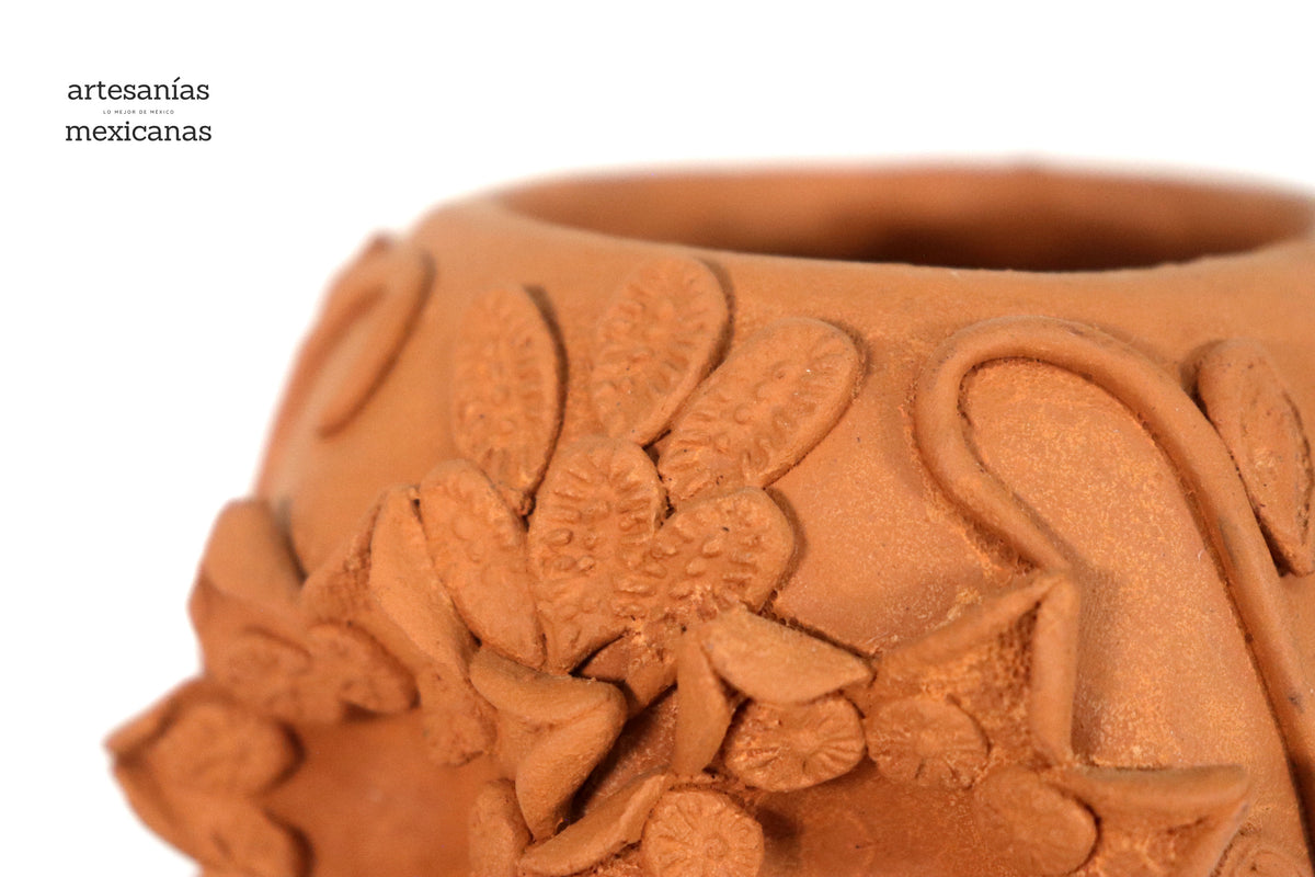 Maceta Cráneo Barro Natural con Flores Relieve - 10 Cm 3.9 In. Maceta