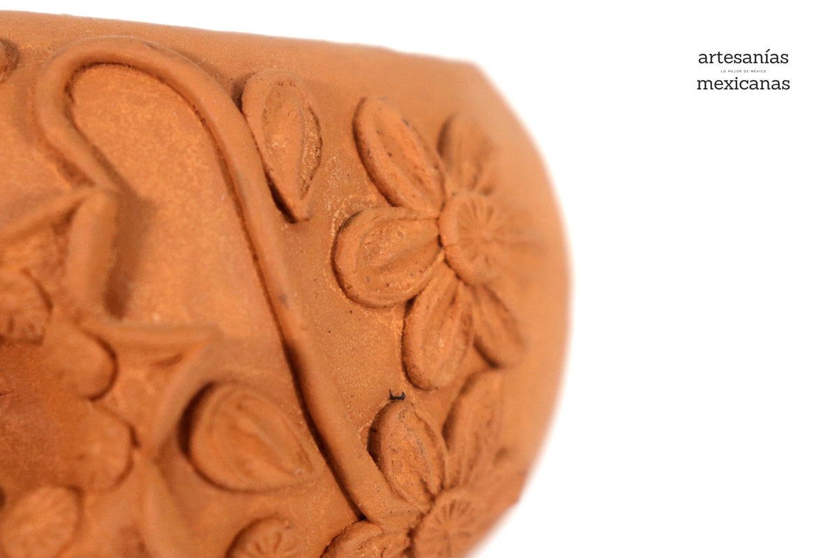 Maceta Cráneo Barro Natural con Flores Relieve - 10 Cm 3.9 In. Maceta