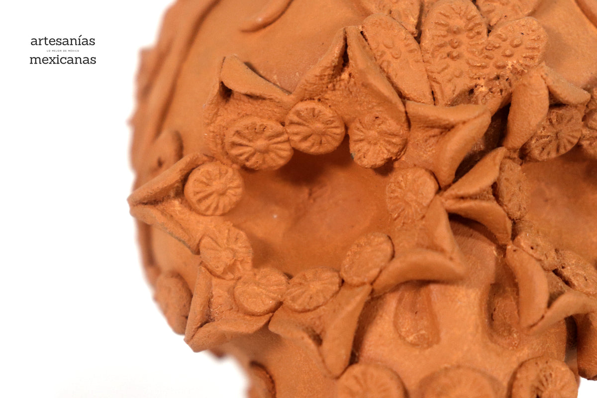 Maceta Cráneo Barro Natural con Flores Relieve - 10 Cm 3.9 In. Maceta