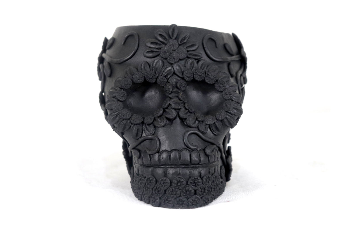 Maceta negra grande de Calavera estilo Catrina Maceta