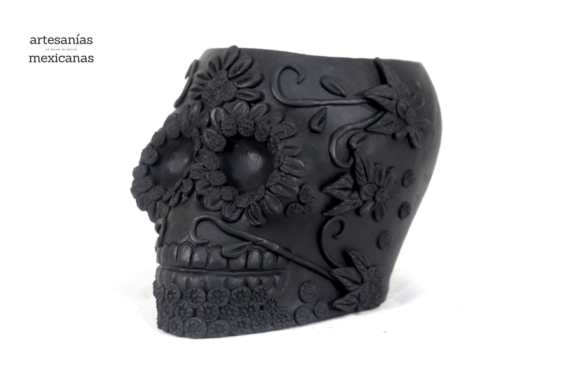 Maceta negra grande de Calavera estilo Catrina Maceta