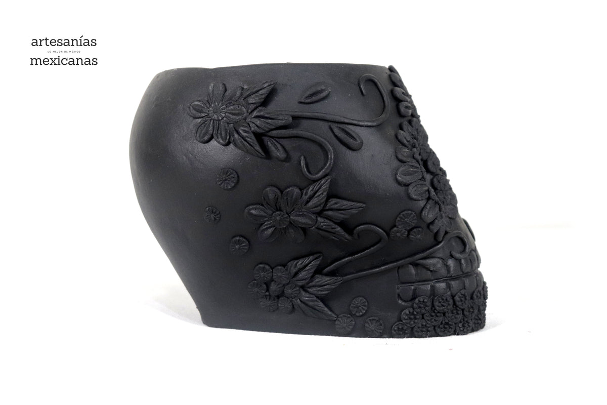 Maceta negra grande de Calavera estilo Catrina Maceta
