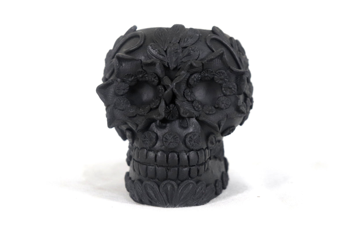 Maceta Cráneo Barro Negro con Flores Relieve - 10 Cm 3.9 In. Maceta
