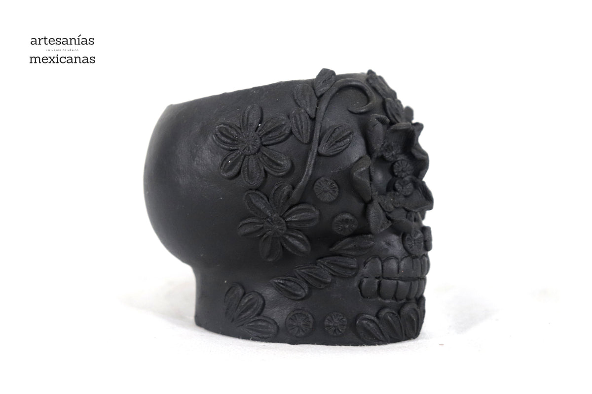 Maceta Cráneo Barro Negro con Flores Relieve - 10 Cm 3.9 In. Maceta
