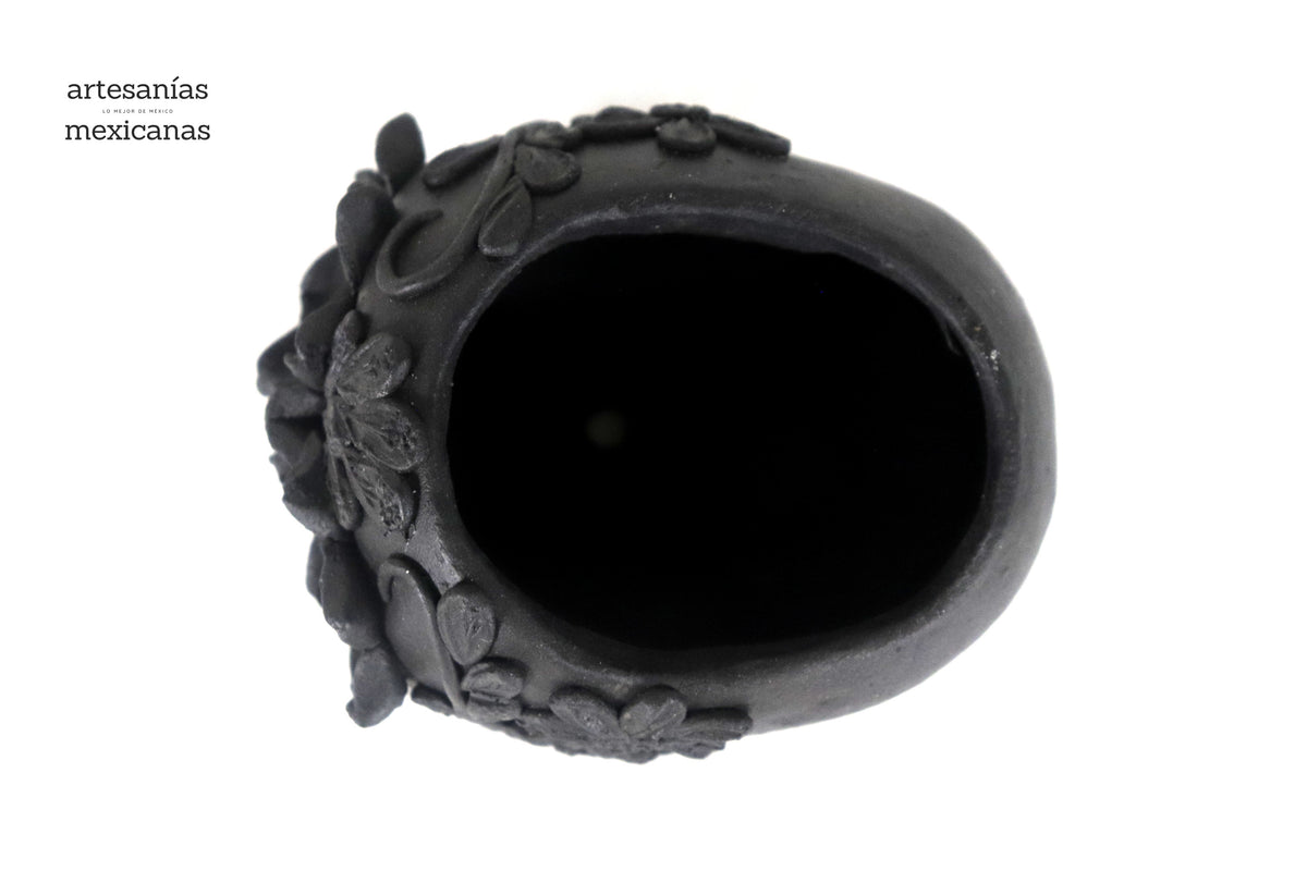 Maceta Cráneo Barro Negro con Flores Relieve - 10 Cm 3.9 In. Maceta