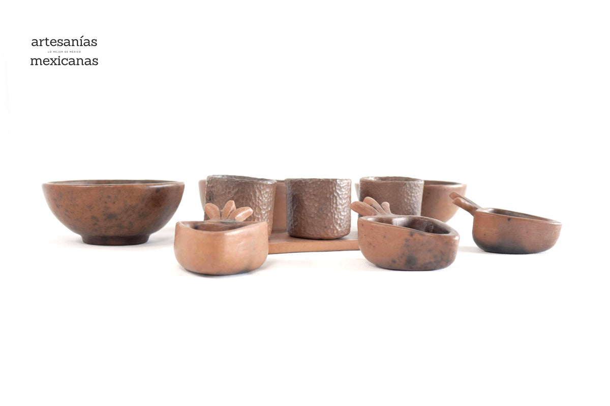 Set de vasos, caballitos y corazones de barro Artesanía