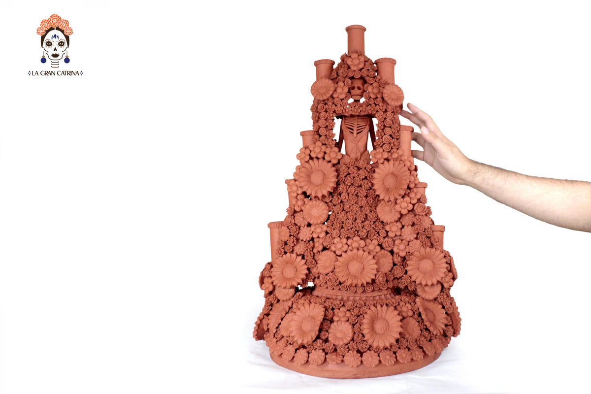 Candelero Altar Calavera Floral Barro Natural - 62 cm. 24.4 in.