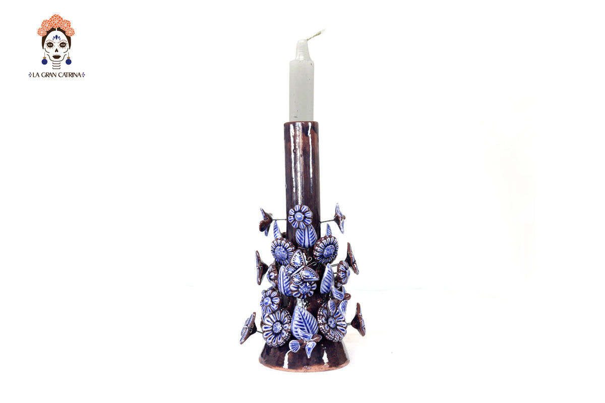 Set de 3 Porta Cirio Azul - Barro vidriado - 29 cm. 11.4 in. Candelabros