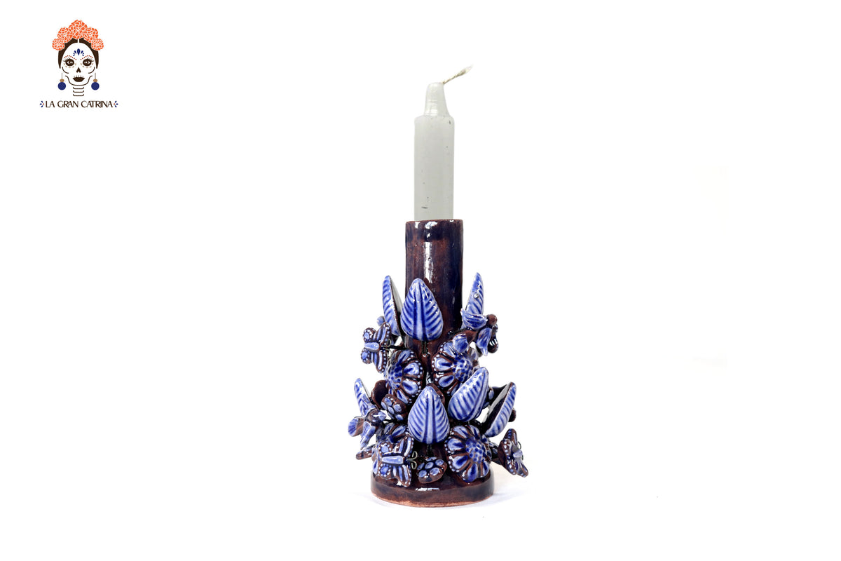 Set de 3 Porta Cirio Azul - Barro vidriado - 29 cm. 11.4 in. Candelabros