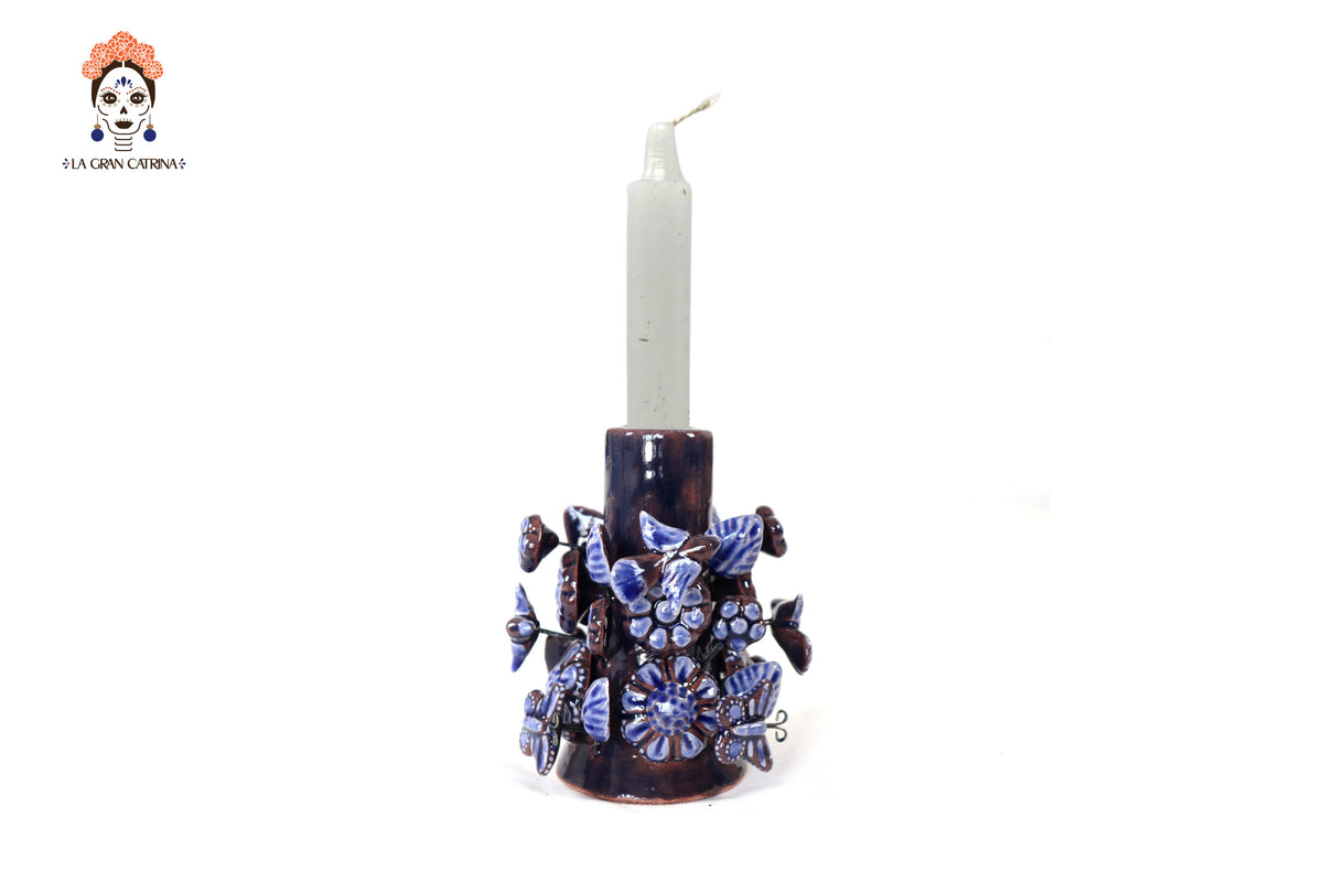 Set de 3 Porta Cirio Azul - Barro vidriado - 29 cm. 11.4 in. Candelabros