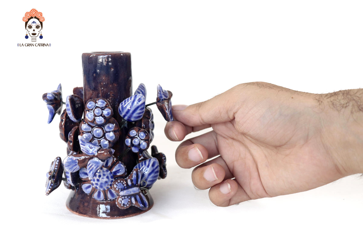 Set de 3 Porta Cirio Azul - Barro vidriado - 29 cm. 11.4 in. Candelabros