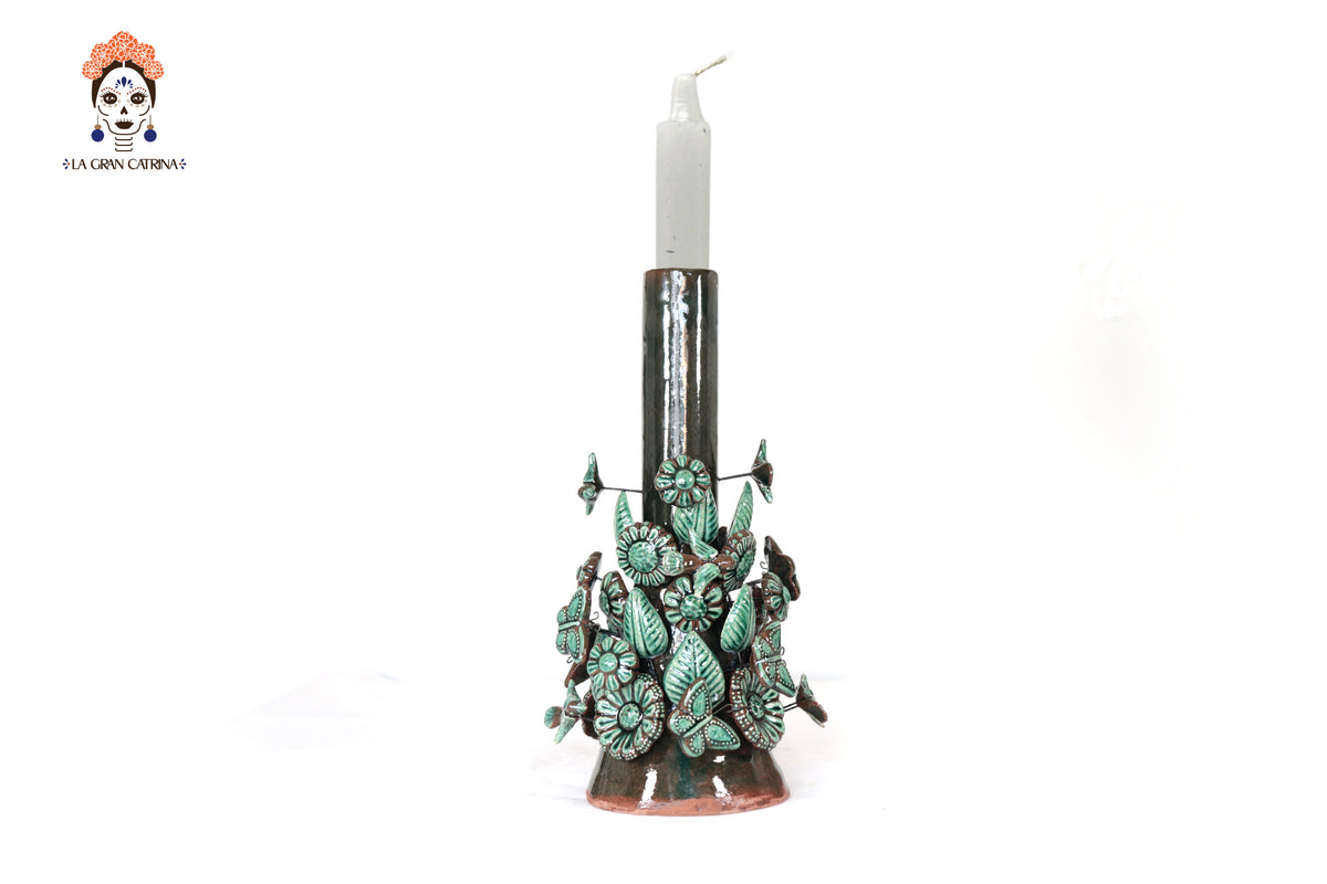 Set de 3 Porta Cirio Verde - Barro vidriado - 29 cm. 11.4 in. Candelabros