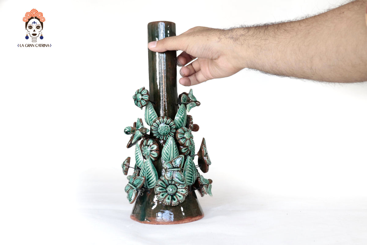 Set de 3 Porta Cirio Verde - Barro vidriado - 29 cm. 11.4 in. Candelabros