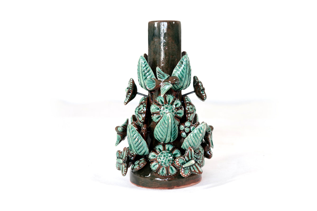 Set de 3 Porta Cirio Verde - Barro vidriado - 29 cm. 11.4 in. Candelabros