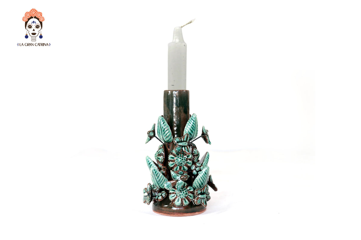 Set de 3 Porta Cirio Verde - Barro vidriado - 29 cm. 11.4 in. Candelabros