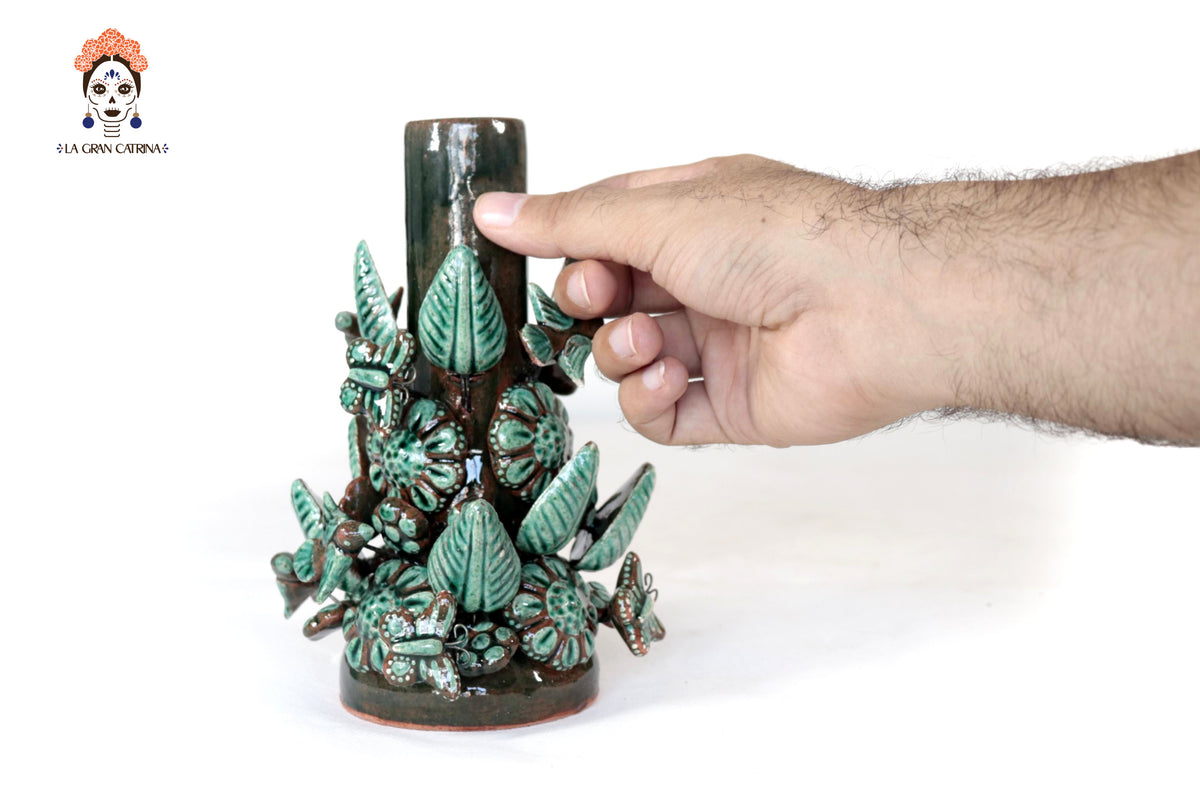 Set de 3 Porta Cirio Verde - Barro vidriado - 29 cm. 11.4 in. Candelabros