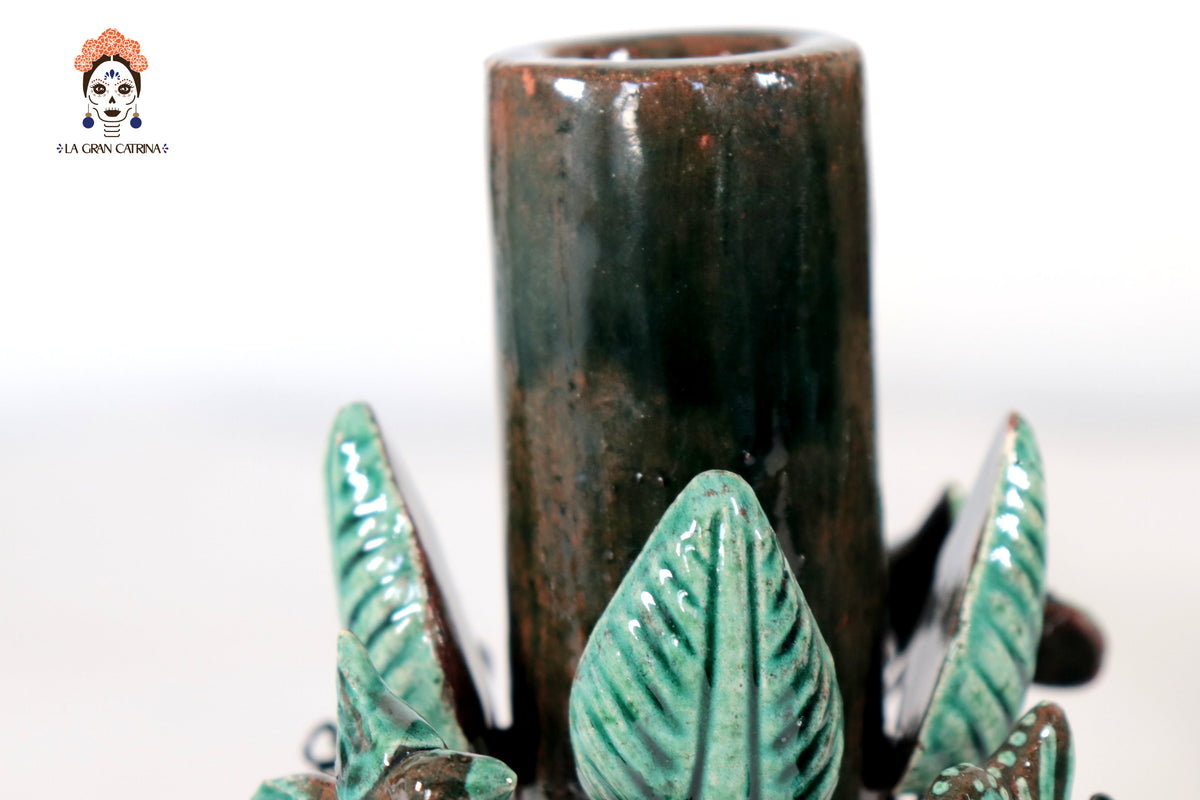 Set de 3 Porta Cirio Verde - Barro vidriado - 29 cm. 11.4 in. Candelabros