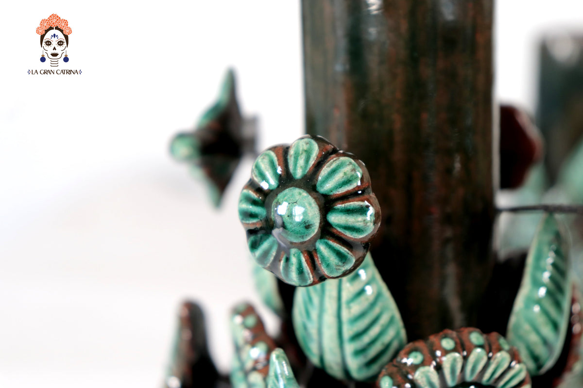 Set de 3 Porta Cirio Verde - Barro vidriado - 29 cm. 11.4 in. Candelabros