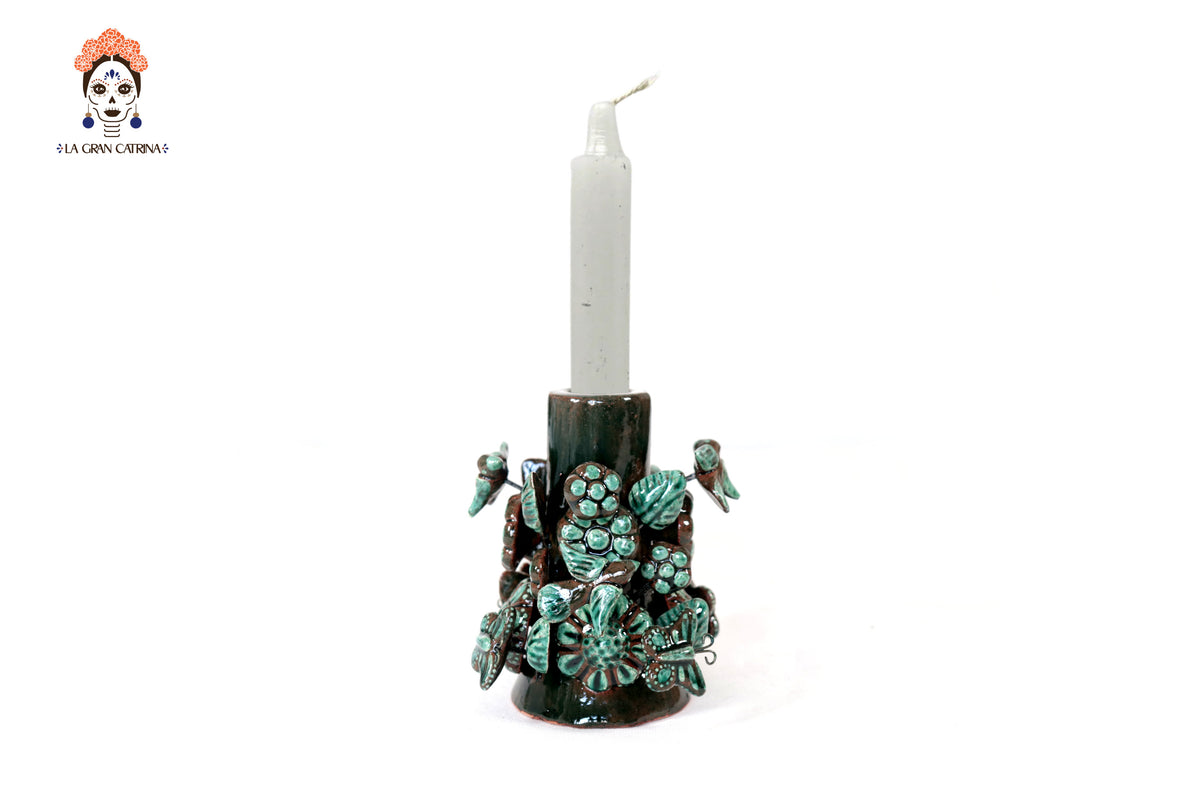 Set de 3 Porta Cirio Verde - Barro vidriado - 29 cm. 11.4 in. Candelabros