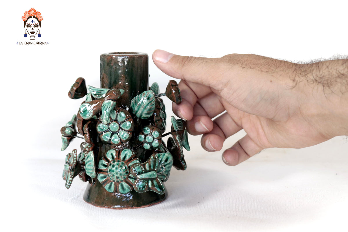 Set de 3 Porta Cirio Verde - Barro vidriado - 29 cm. 11.4 in. Candelabros