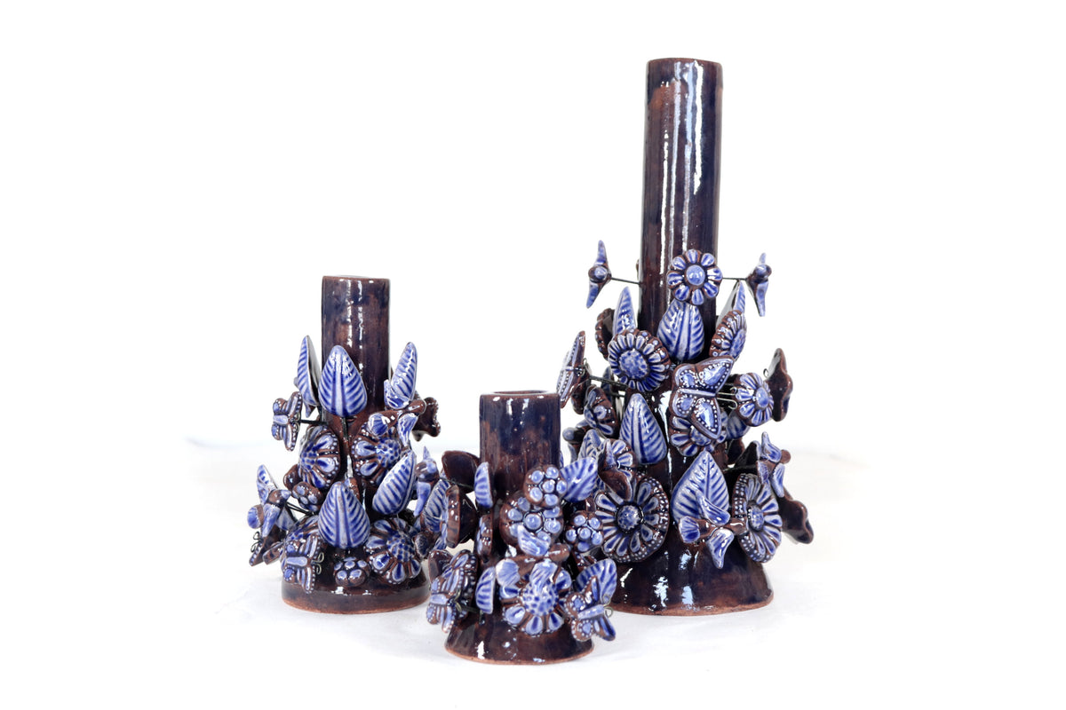 Set de 3 Porta Cirio Azul - Barro vidriado - 29 cm. 11.4 in. Candelabros