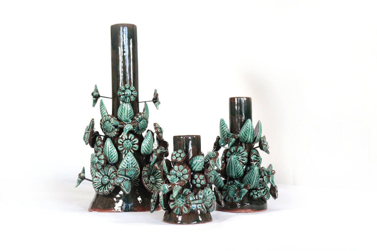 Set de 3 Porta Cirio Verde - Barro vidriado - 29 cm. 11.4 in. Candelabros