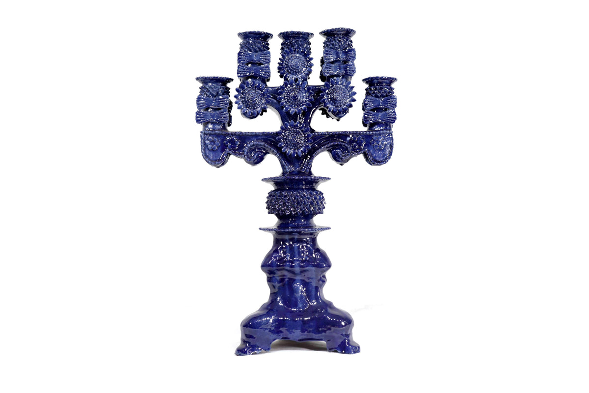 Candelero azul de 5 velas - Barro vidriado - 50 cm. 20 in. Candelabros