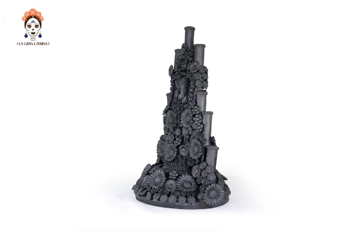 Candelero Altar Calavera Floral Barro Negro - 62 cm. 24.4 in. - Sobre Pedido