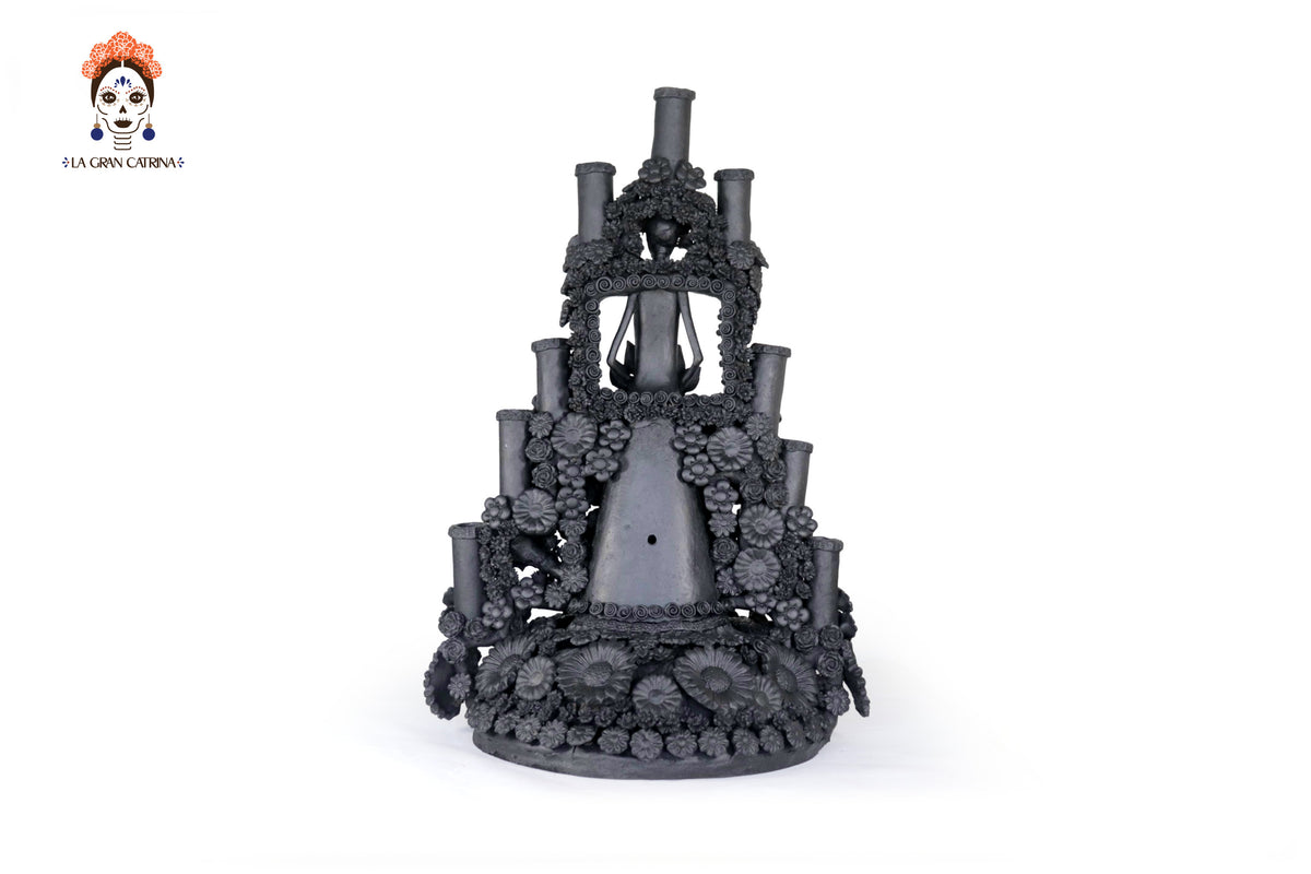 Candelero Altar Calavera Floral Barro Negro - 62 cm. 24.4 in. - Sobre Pedido