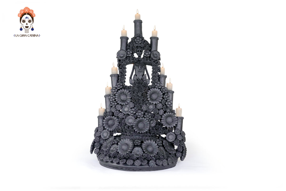 Candelero Altar Calavera Floral Barro Negro - 62 cm. 24.4 in. - Sobre Pedido