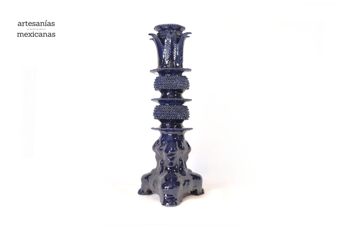 Set de 3 Candeleros azules con hojas - Barro vidriado Candelabros