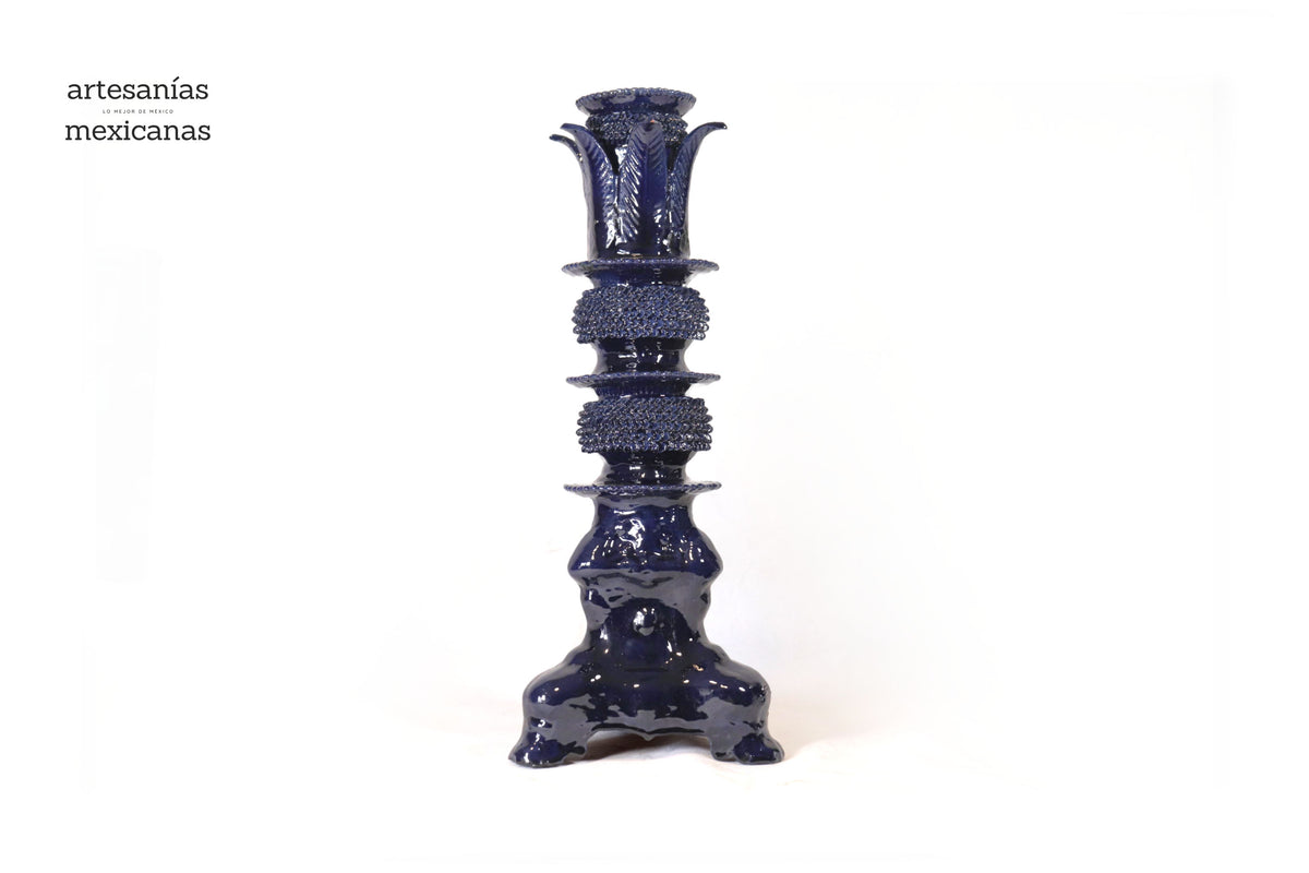 Set de 3 Candeleros azules con hojas - Barro vidriado Candelabros