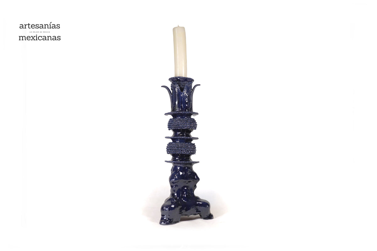Set de 3 Candeleros azules con hojas - Barro vidriado Candelabros