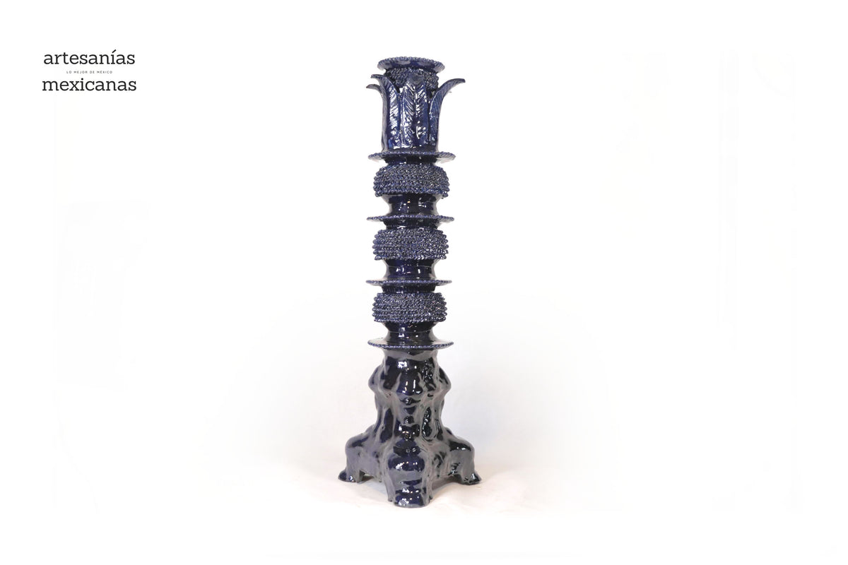 Set de 3 Candeleros azules con hojas - Barro vidriado Candelabros