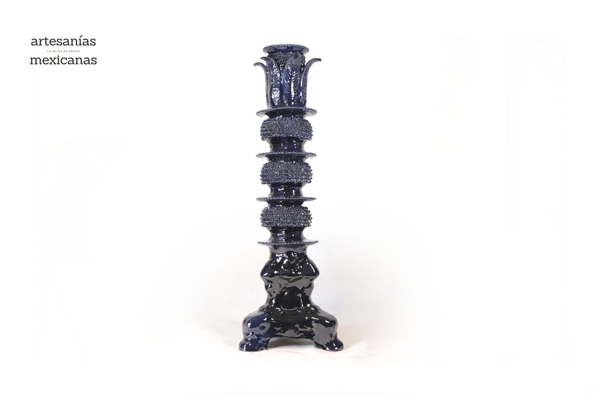 Set de 3 Candeleros azules con hojas - Barro vidriado Candelabros