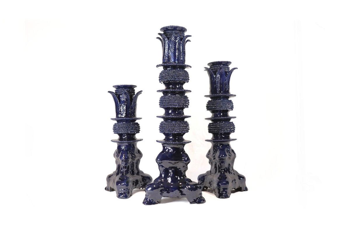 Set de 3 Candeleros azules con hojas - Barro vidriado Candelabros