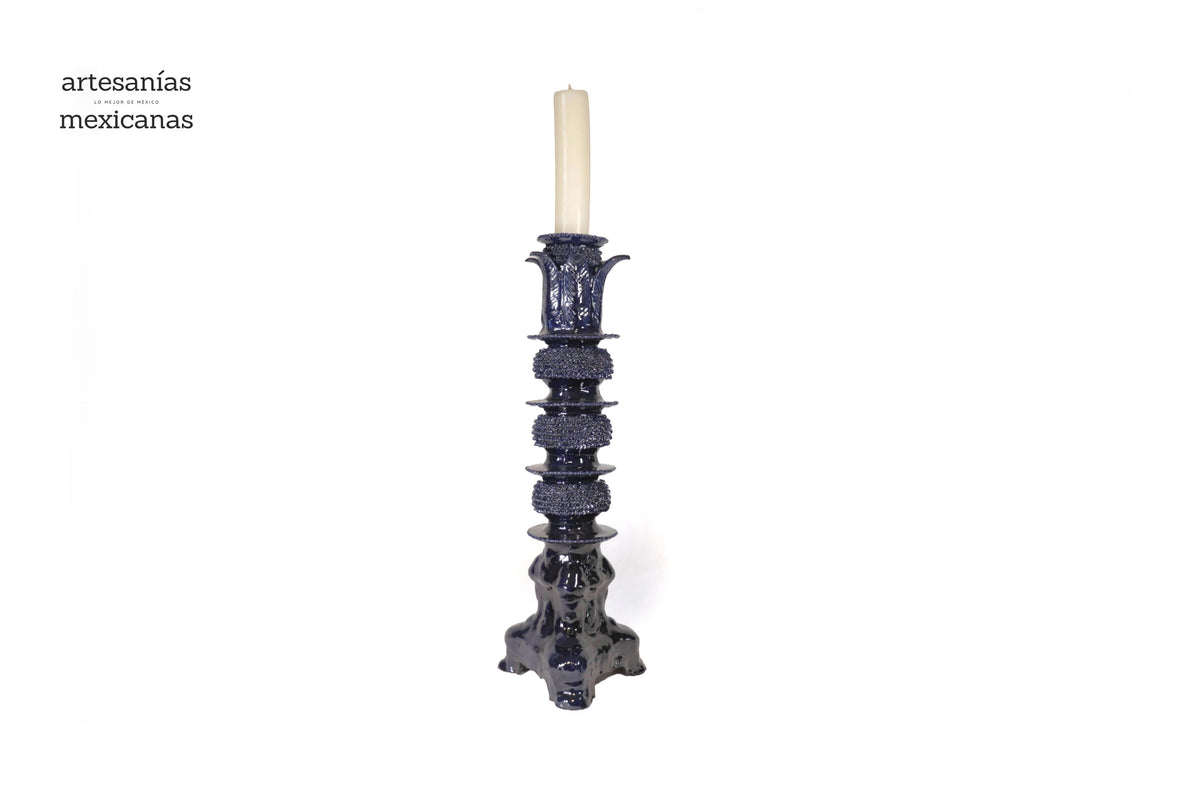 Set de 3 Candeleros azules con hojas - Barro vidriado Candelabros