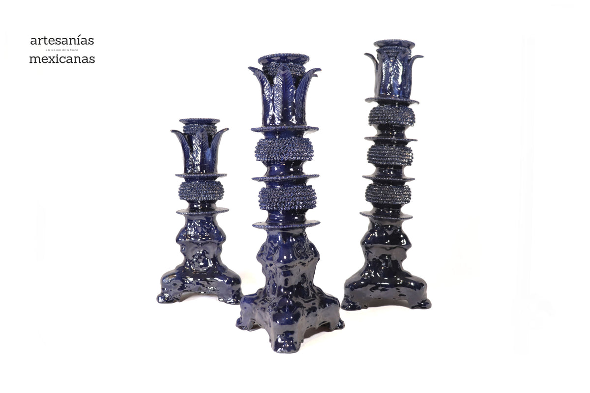 Set de 3 Candeleros azules con hojas - Barro vidriado Candelabros
