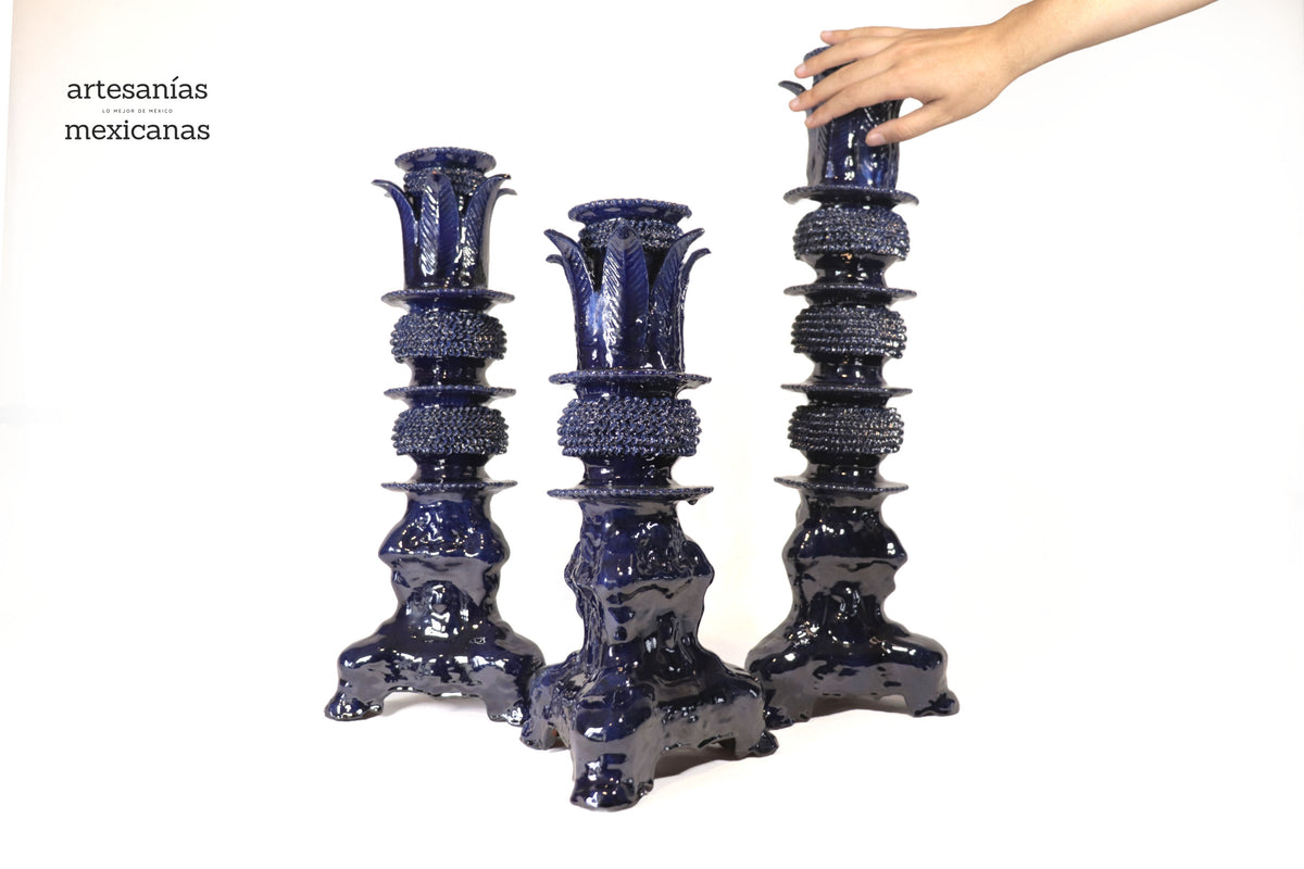 Set de 3 Candeleros azules con hojas - Barro vidriado Candelabros