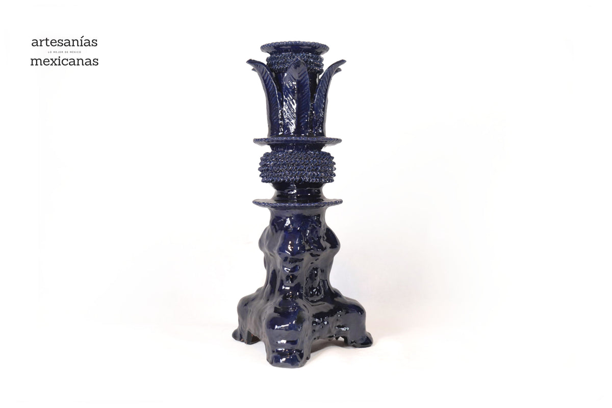 Set de 3 Candeleros azules con hojas - Barro vidriado Candelabros