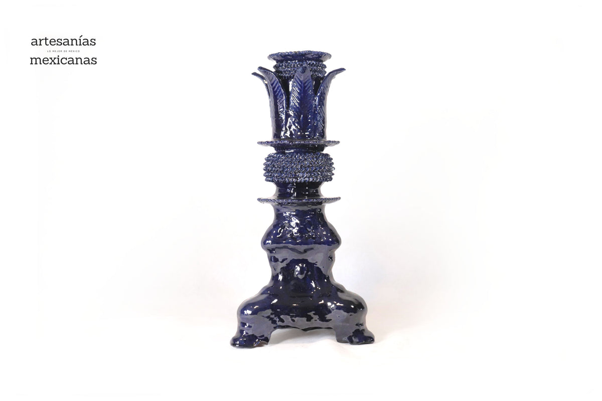 Set de 3 Candeleros azules con hojas - Barro vidriado Candelabros