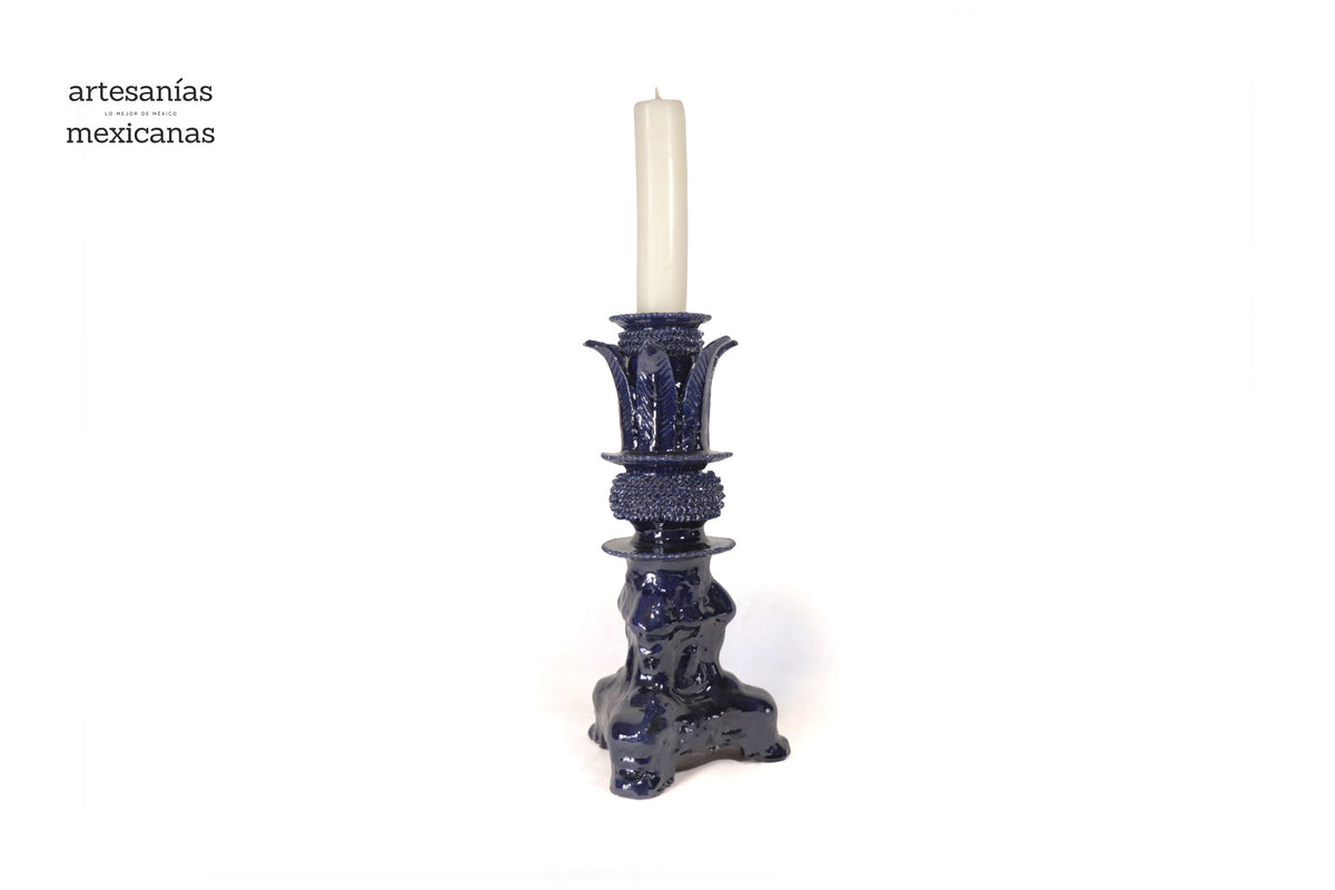 Set de 3 Candeleros azules con hojas - Barro vidriado Candelabros