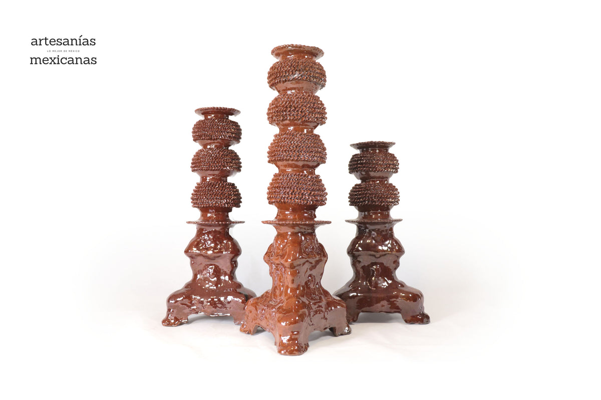 Set de 3 Candeleros cafés - Barro vidriado Candelabros