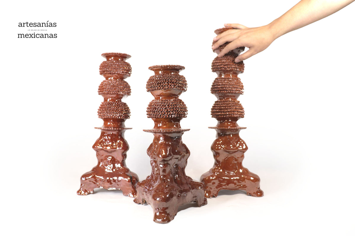 Set de 3 Candeleros cafés - Barro vidriado Candelabros