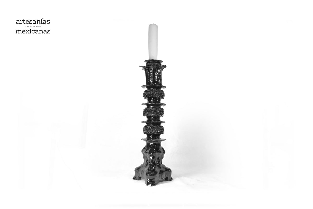 Set de 3 Candeleros negros con hojas - Barro vidriado Candelabros